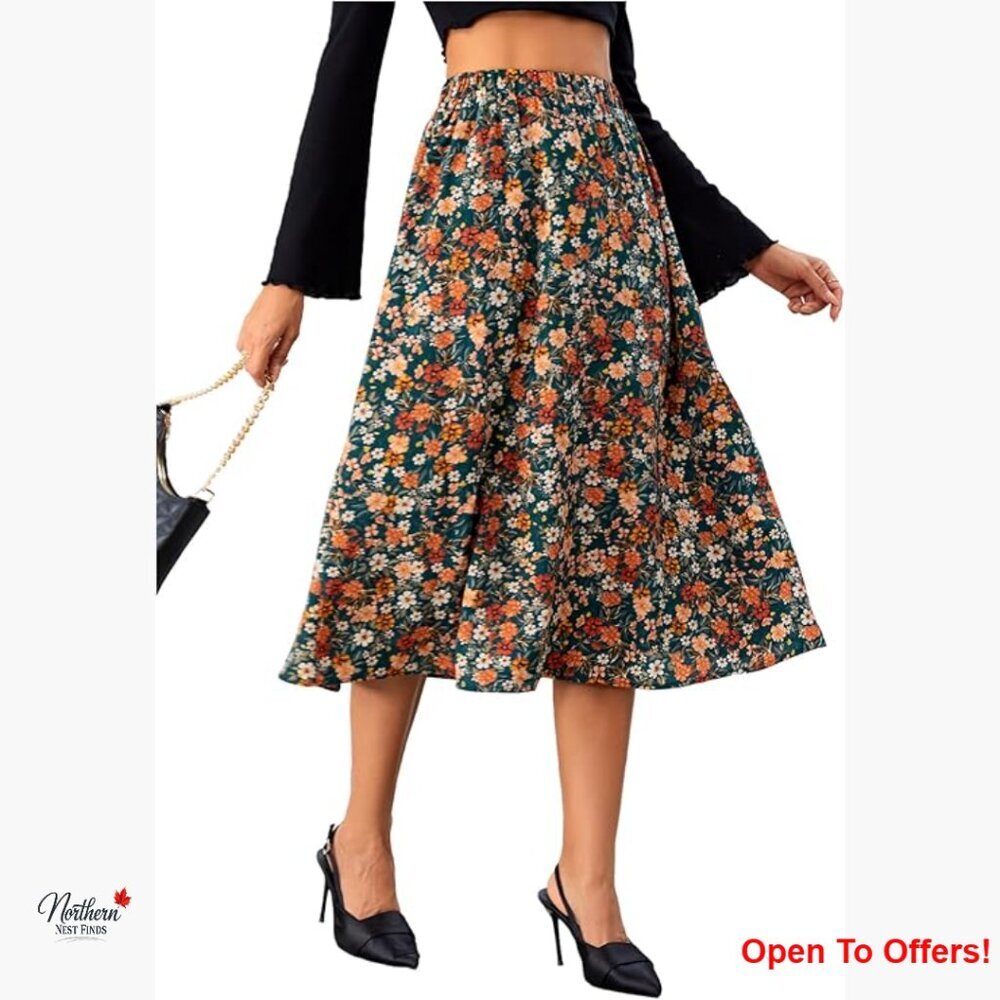 Polyester Blend Floral Midi Skirt High Waist Flowy Boho